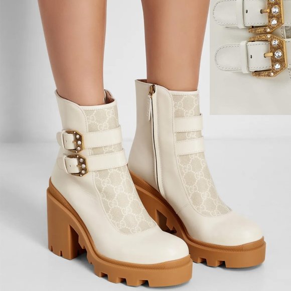 GUCCI BOOTS GG CANVAS AND LEATHER ANKLE BOOTIES w CRYSTAL BUCKLE sz US 8 IT 38 - Picture 1 of 16